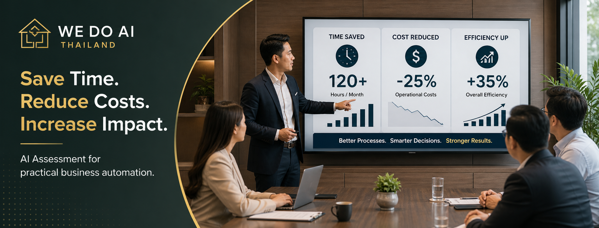 We Do AI Thailand assessment visual showing time saved, cost reduced, and efficiency improved