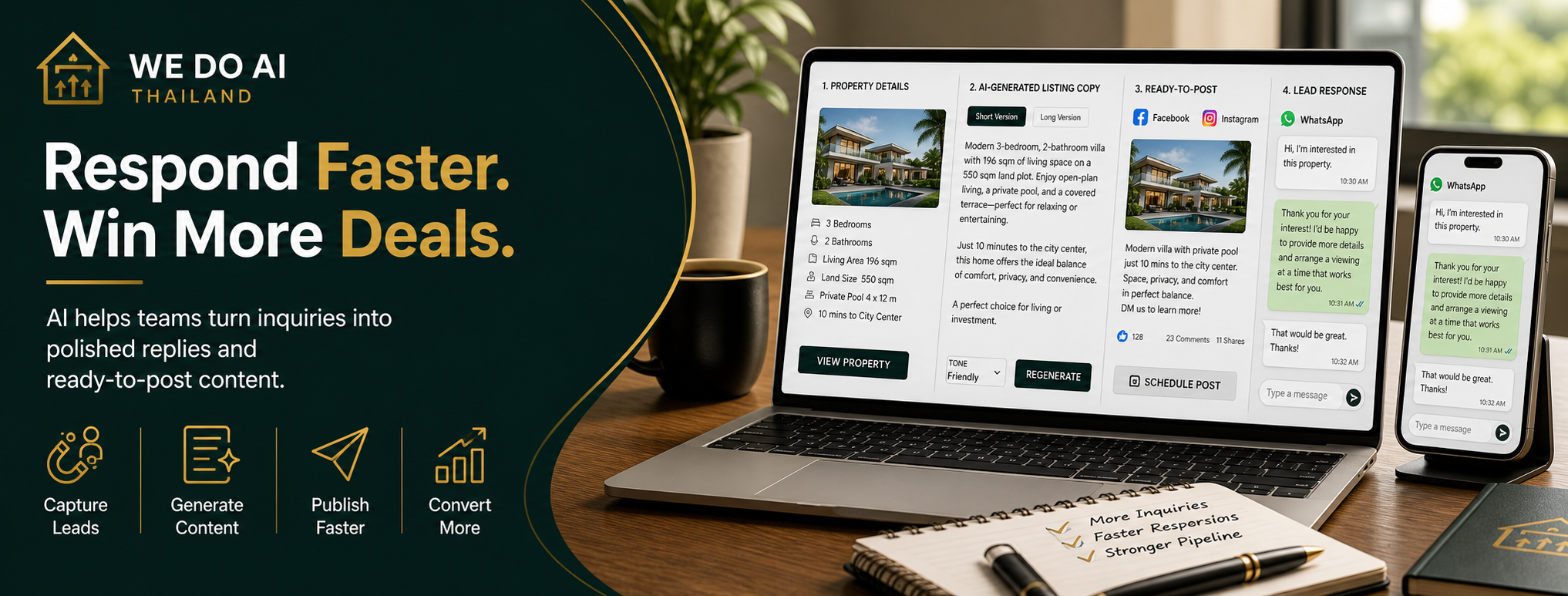 AI real estate workflow showing property details, generated listing copy, ready-to-post content, and automated lead response
